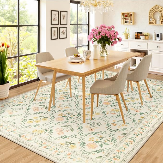 PLHXFR 8x10 Area Rug Living Room: Floral Washable Boho Carpet Beige Multi | - Image 4