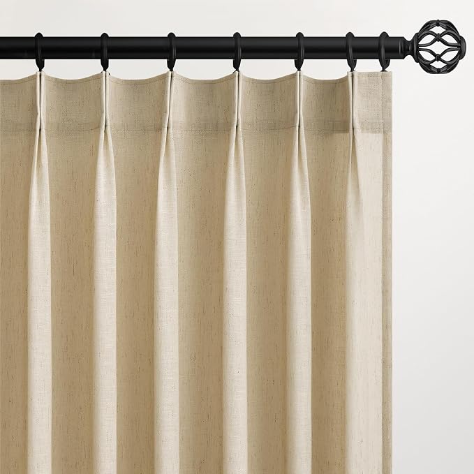 Topfinel Natural Beige Pinch Pleated Semi Sheer Curtains Textured Linen Blended by Topfinel