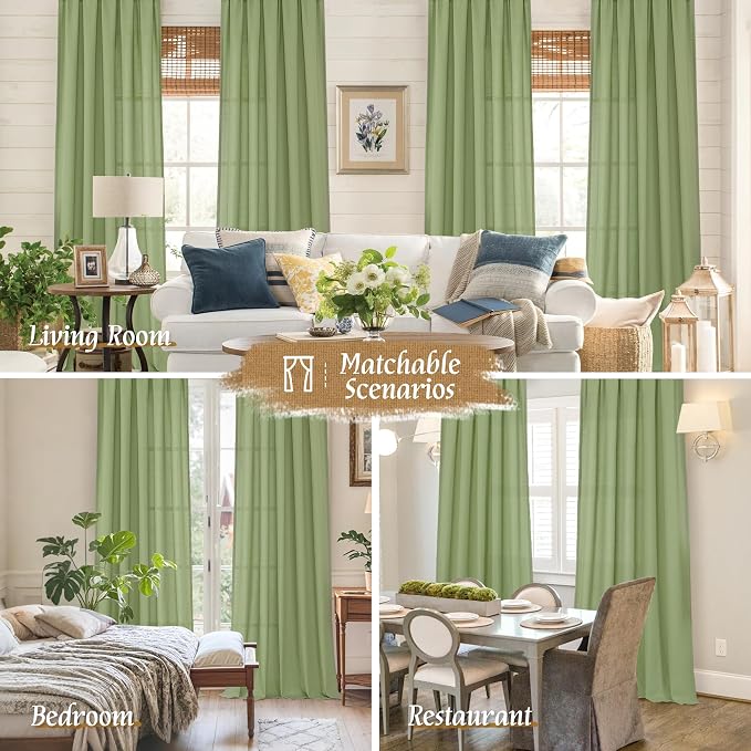 Sage Green Linen Curtains for Living Room 84 inch Length 2 Panels | Light - Image 6