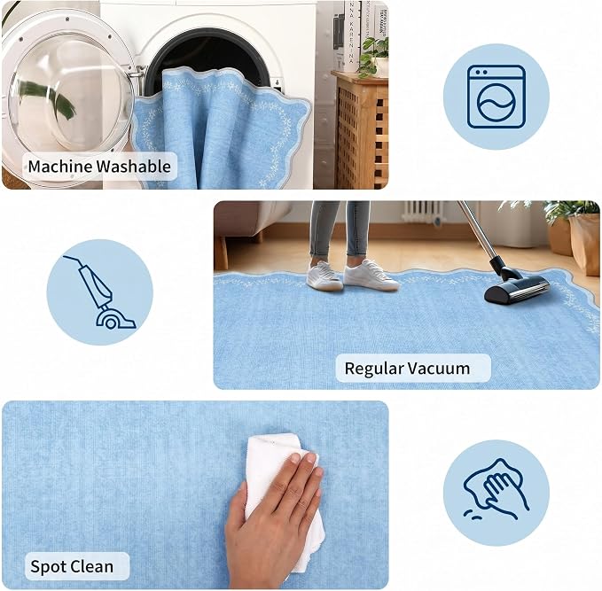 GarveeHome Scalloped Area Rugs 8x10 Large Blue Washable Living Room Rug | Soft - Image 6