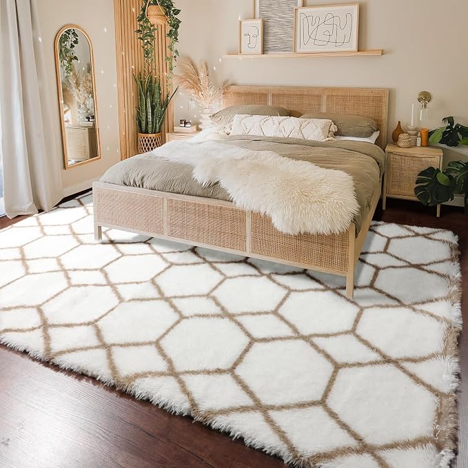 7x9 Area Rugs for Living Room Bedroom, Fluffy White and Beige Geometric Rug | - Image 6