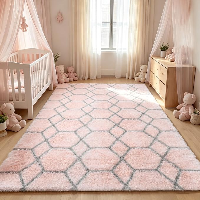 5x7 Area Rugs for Living Room Bedroom, Fluffy Pink and Grey Geometric Rug | - Image 8