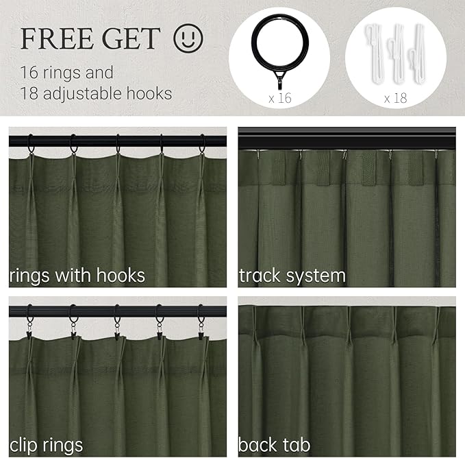 Topfinel Olive Green Pinch Pleated Semi Sheer Curtains Textured Linen Blended - Image 2