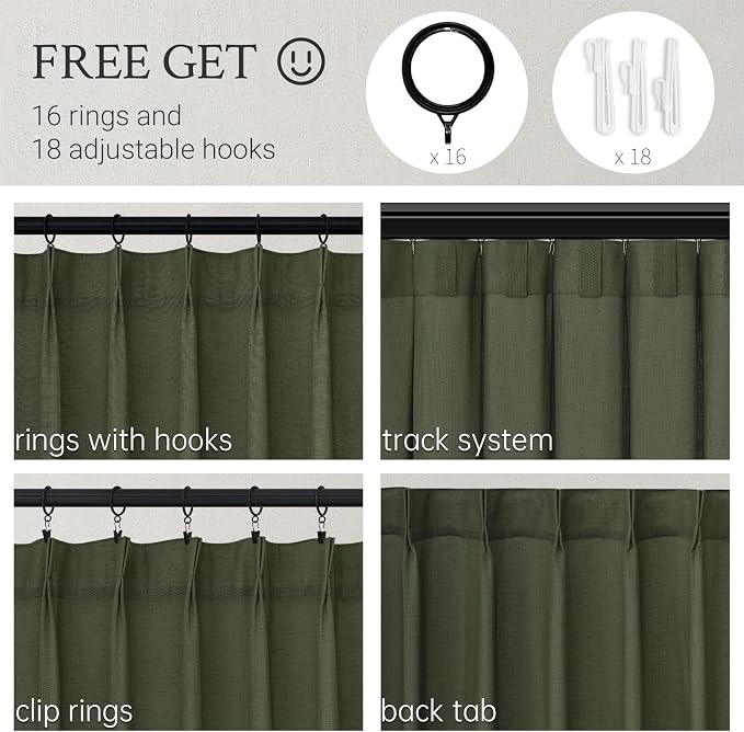 Topfinel Olive Green Pinch Pleated Linen Curtains 95 Inch Length 2 Panels - Image 2