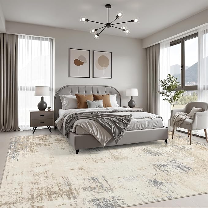 10x12 Area Rug Living Room: Modern Washable Soft Carpet Beige Brown | - Image 3