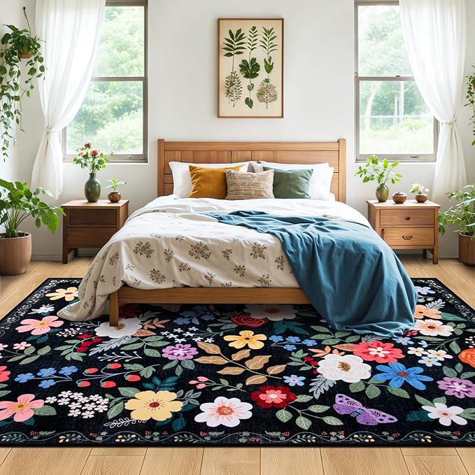 PLHXFR Area Rug 9x12 Living Room: Floral Washable Boho Soft Carpet Black | - Image 3