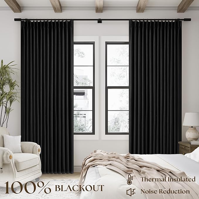 Black Pinch Pleated Linen Blackout Curtains 90 Inches Long - Image 3