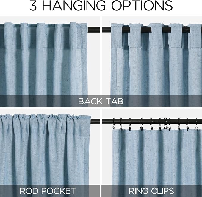 Blue Curtains 80 Inches Length for Living Room Back Tab Rod Pocket Semi Sheer - Image 3
