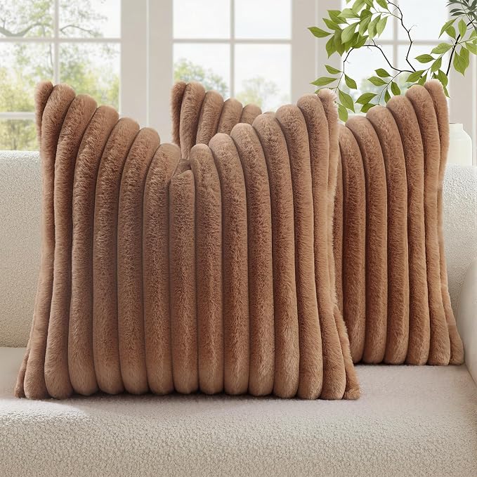 decorUhome Fall Faux Fur Throw Pillow Covers 26x26 Set of 2 Brown | Decorative by decorUhome
