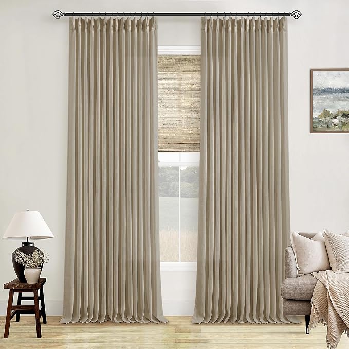 Neutral Pinch Pleated 96 Inch Greige Light Filtering Flax Linen Curtains | Flax by Twodrapes