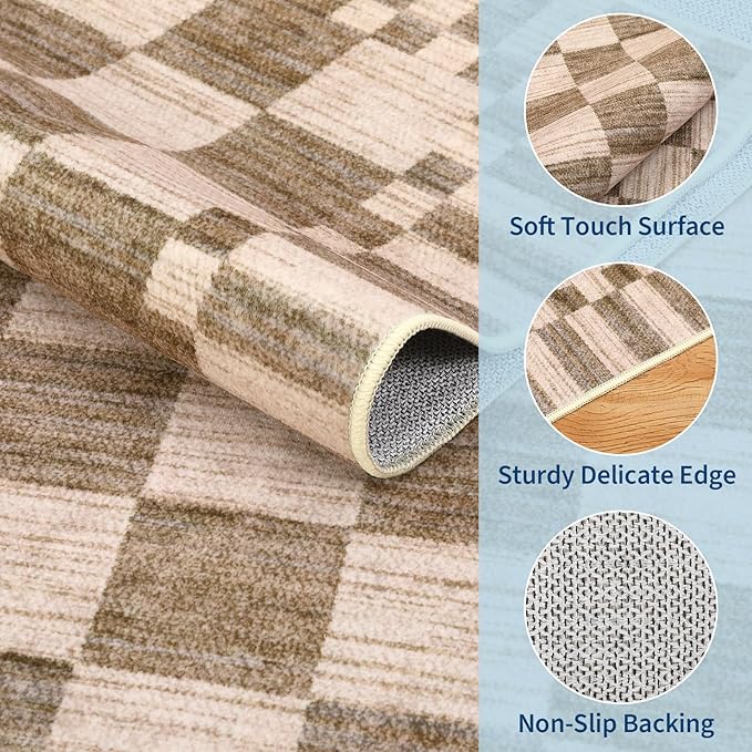 GarveeHome 8x10 Area Rugs Geometric Washable Modern Brown Checkered Rug | - Image 6