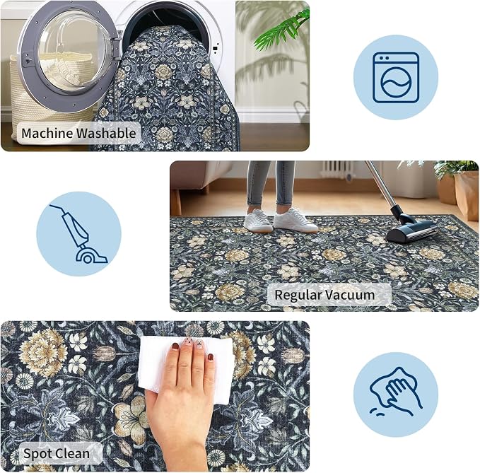 GarveeHome Washable Area Rug 6x9, Soft Vintage Floral Bedroom Rug Non Slip Low - Image 6