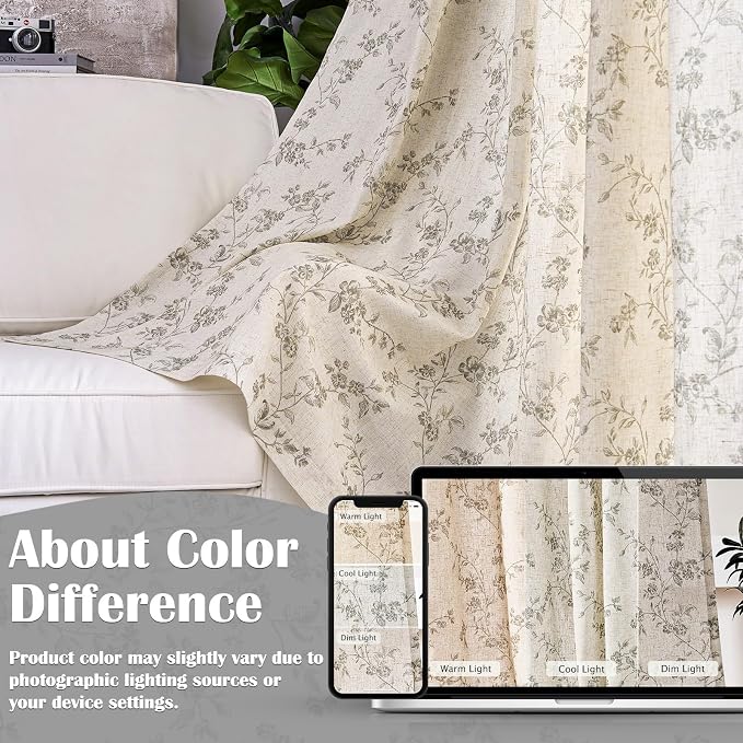 Grey Vintage Floral Linen Curtains Farmhouse 38W X 63L 2 Panels | Elisa Series - Image 5