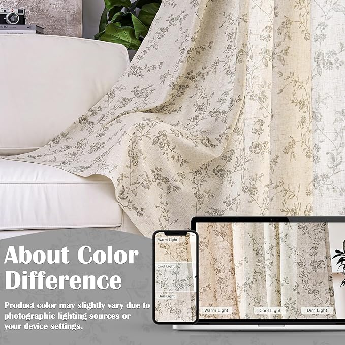 Grey Vintage Floral Linen Curtains Farmhouse 38W X 96L 2 Panels | Elisa Series - Image 5
