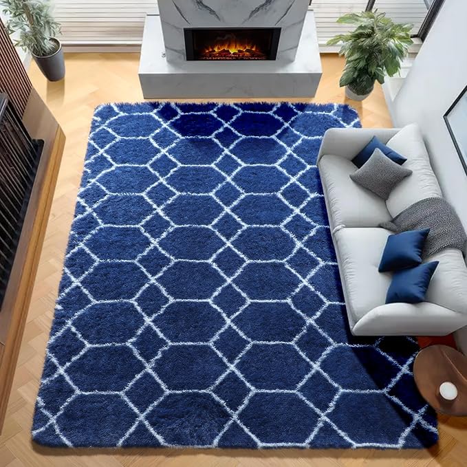 7x9 Area Rugs for Living Room Bedroom, Fluffy Navy Blue and White Boys Rug | - Image 5