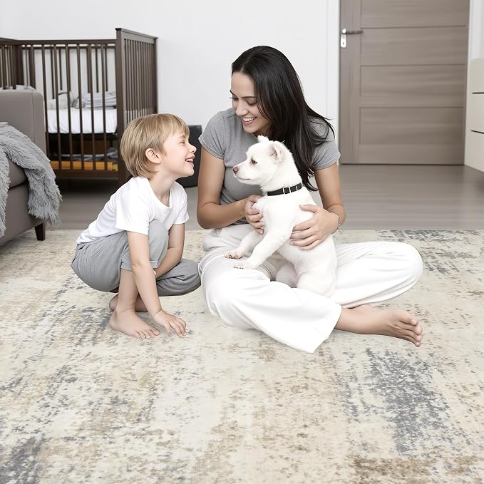 9x12 Area Rug Living Room: Modern Washable Soft Carpet Beige Brown | - Image 9