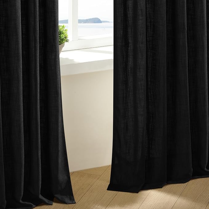 Black Pinch Pleated Linen Semi Sheer 80 Inch Curtains 2 Panels | Light Filtering - Image 6