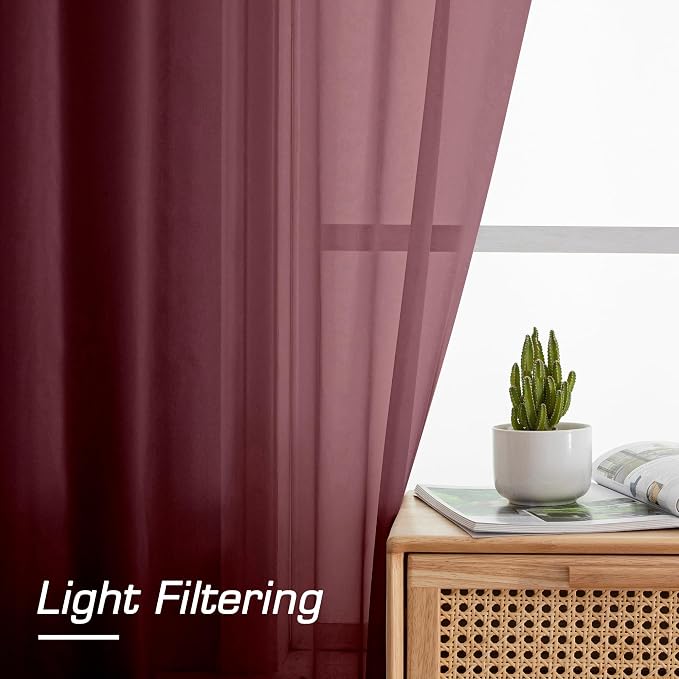 Simplebrand Burgundy Red Sheer Curtains 84 Inches Long, Light Filtering Rod - Image 3