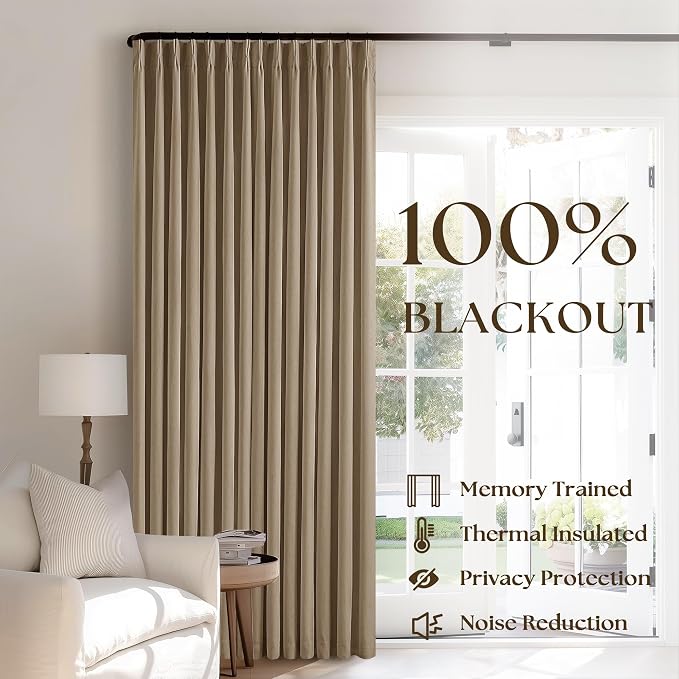 Light Brown 100% Blackout Pinch Pleated Linen 63 Inch Curtains - Image 3