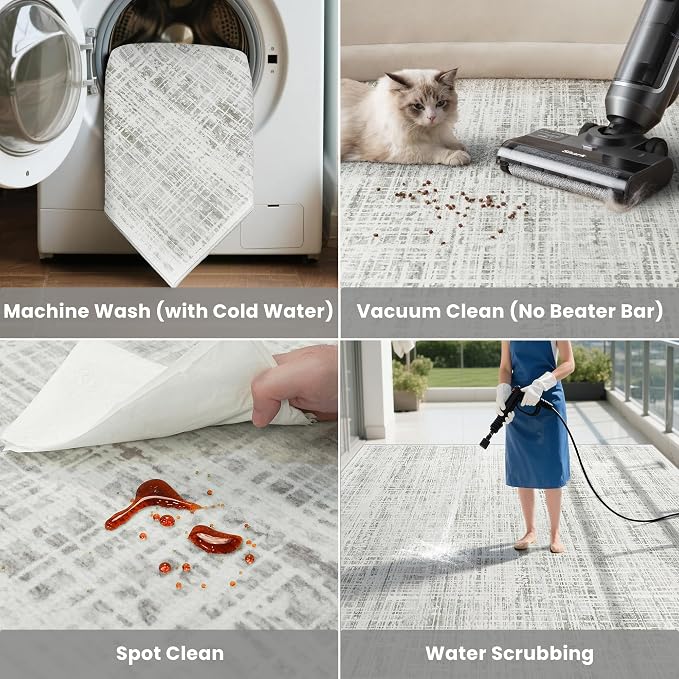 4x6 Washable Area Rug for Living Room Bedroom: Non-Slip Modern White Gray | - Image 5