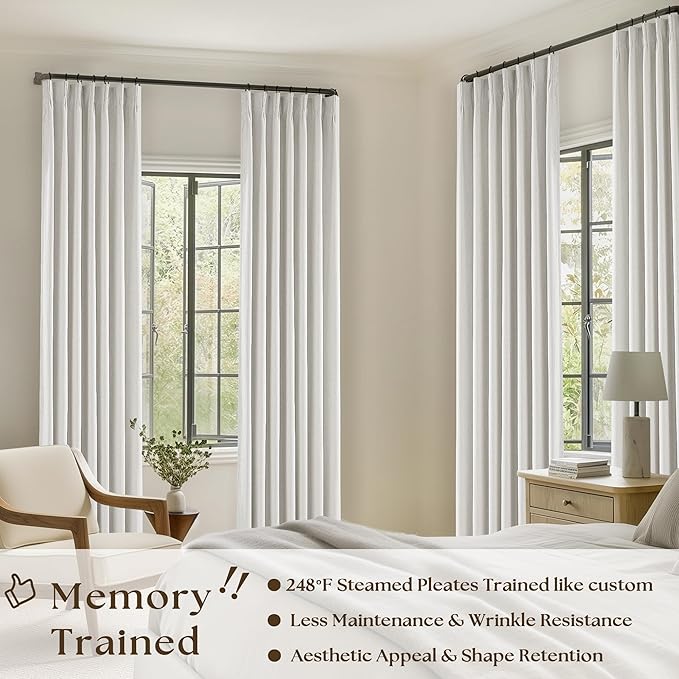 Pinch Pleat 100% Blackout Curtains 86 Inch Length 2 Panels Set | Beige White - Image 2