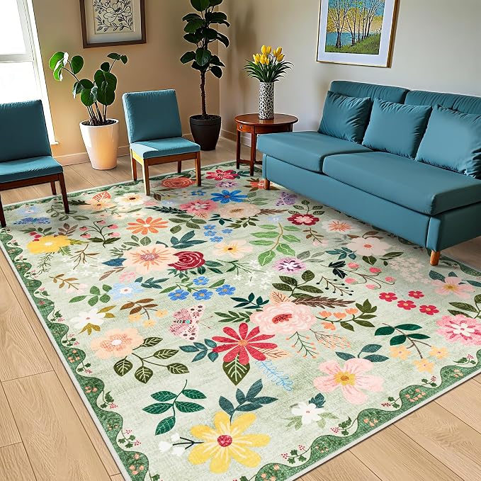 PLHXFR 8x10 Area Rug Living Room: Floral Washable Boho Soft Carpet Green | - Image 2
