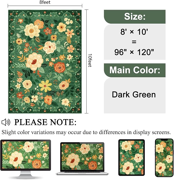 DUKINO 8x10 Area Rugs, Floral Washable Living Room Rug Non Slip, Dark Green | - Image 2