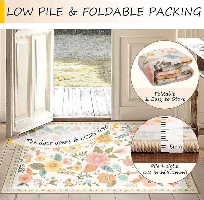 RELEANY Floral Washable Square 4ft Area Rug Beige/White/Orange | Flower Carpet - Image 5