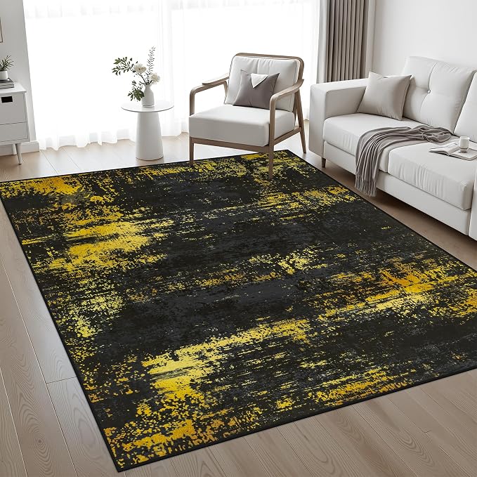 6x9 Area Rug Living Room: Modern Washable Soft Carpet Black Gold | - Image 2