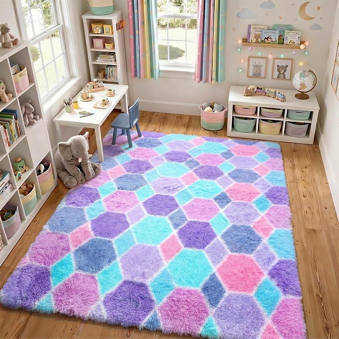Checkered Purple Rainbow Area Rugs, Fluffy 5x8 Geometric Rug Girls Bedroom | - Image 8