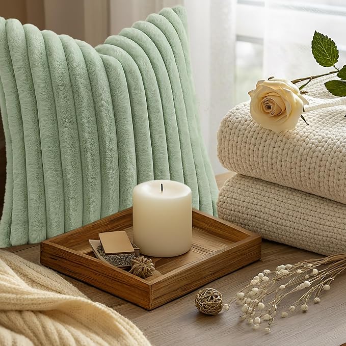decorUhome Fall Faux Fur Throw Pillow Covers 18x18 Set of 2 Sage Green | - Image 9