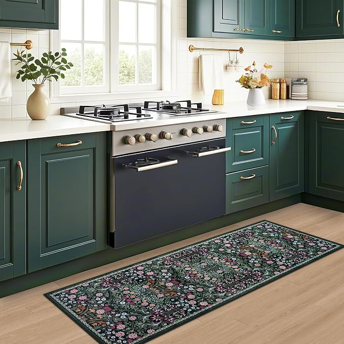PLHXFR 2x5 Washable Runner Rug：Floral Indoor Kitchen Carpet Dark Green | - Image 5