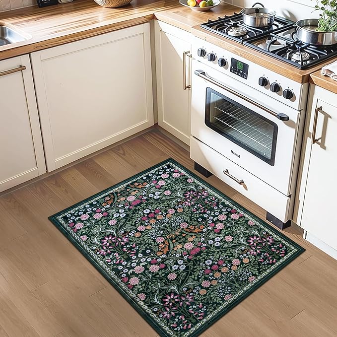 PLHXFR 2x3 Small Entryway Rug: Floral Washable Indoor Carpet Dark Green | - Image 4