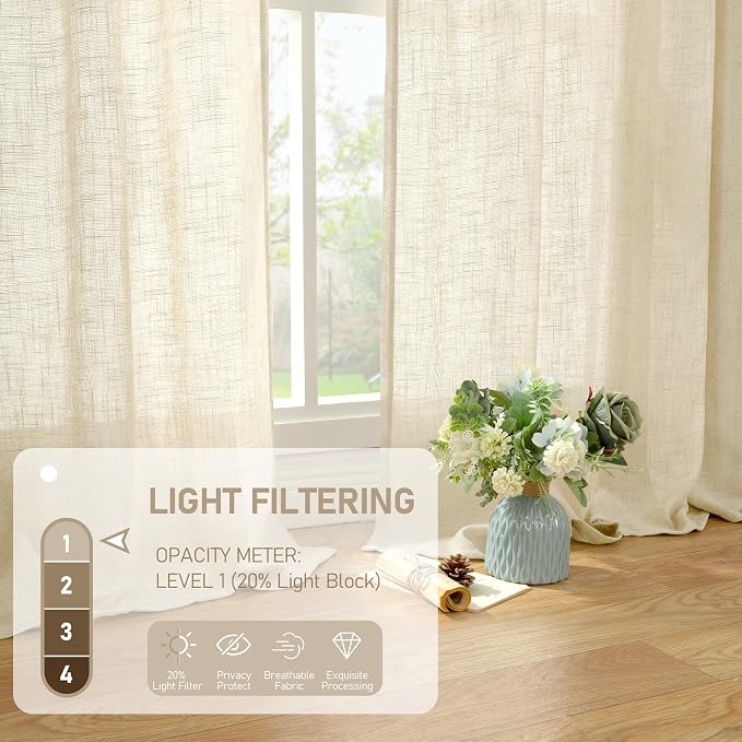 Semi Sheer Linen Curtains 54 Inch Length 2 Panels, 52 x 54 Inch | Beige - Image 4