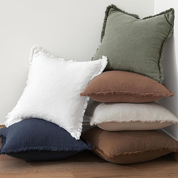 MIULEE Linen Fringe Decorative Fall Throw Pillow Covers Dark Coffee 20x20 | Set - Image 6