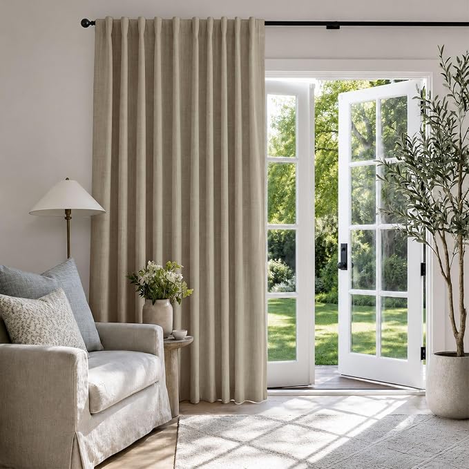 Faux Linen Total Blackout Sliding Door Curtains 96 Inches Long, Plaza Taupe | - Image 5
