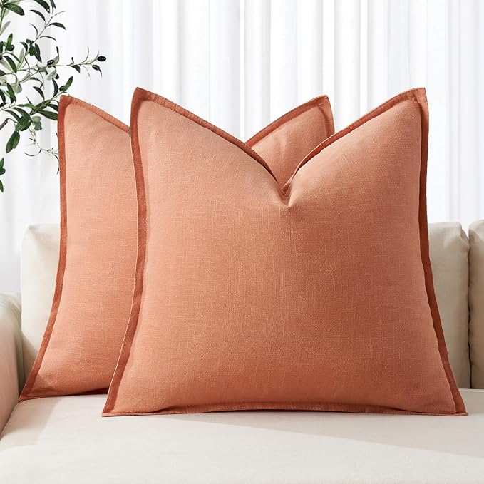 MIULEE Decorative Linen Pillow Covers 18x18 Inch Coral | Boho Farmhouse​ by MIULEE