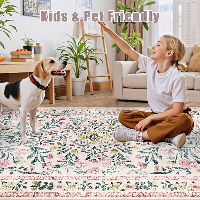 PLHXFR Area Rug Living Room: 3x5 Floral Washable Boho Carpet Pink Green | - Image 6