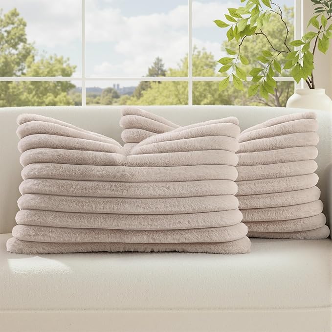 decorUhome Fall Faux Fur Throw Pillow Covers 12x20 Set of 2 Tan | Decorative by decorUhome