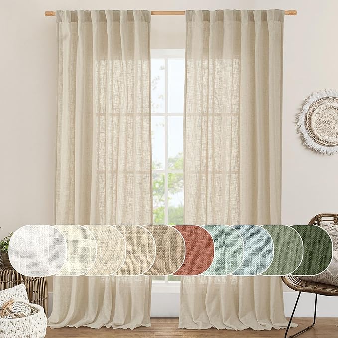 Natural Linen Curtains 90 Inch for Living Room, Semi Sheer Panels | Soft Thick by LAMIT