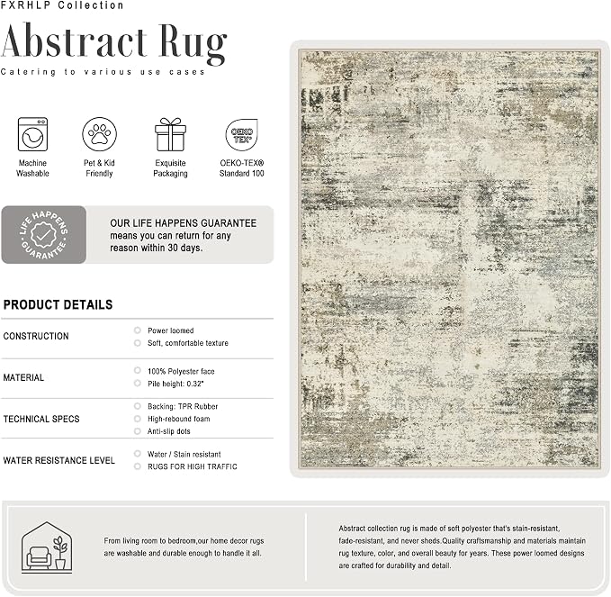 Area Rug Living Room: 6x6 Modern Washable Soft Carpet Ash Brown | - Image 2