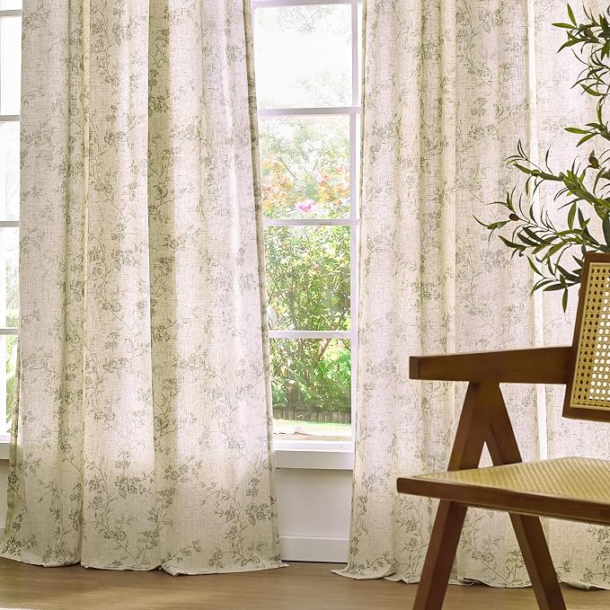 Green Vintage Floral Linen Curtains Farmhouse 50W X 90L 2 Panels | Elisa Series - Image 7