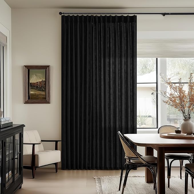 Pinch Pleated Linen Pleated Semi Sheer Black Curtains 96 Inch Long 2 Panels | - Image 7