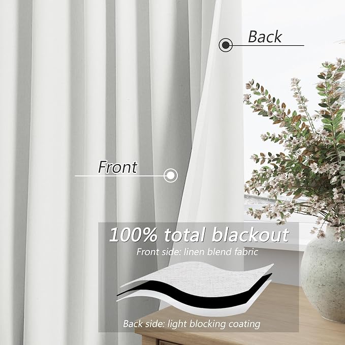 White 100% Blackout Linen Curtains 84 Inch Length 2 Panels Set - Image 3