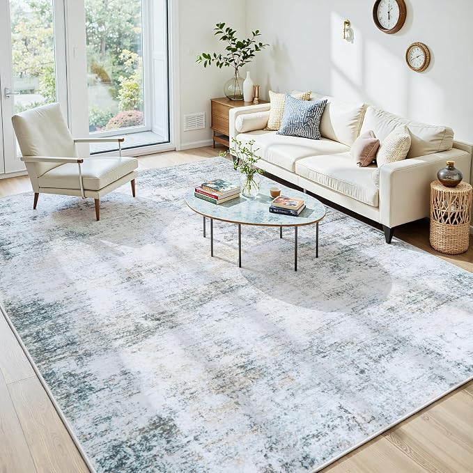 10x12 Washable Area Rug for Living Room Bedroom: Non-Slip Modern Blue Grey | - Image 2
