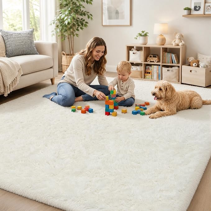 PLHXFR 5x7 Area Rugs Living Room: Fluffy Bedroom Rug Shag Carpet White | - Image 7