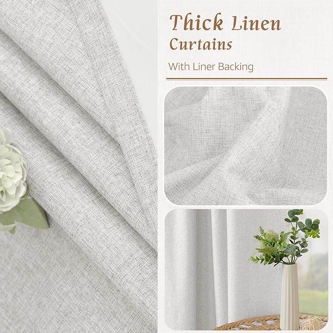 Light Grey 100% Blackout Short Linen Curtains 48 Inch Length 2 Panels | Thermal - Image 7