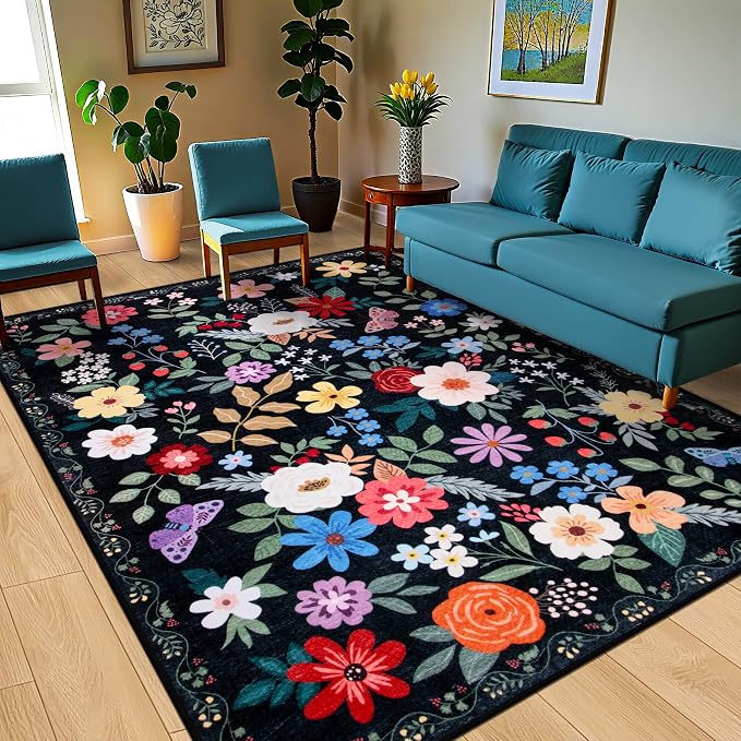 PLHXFR 8x10 Area Rug Living Room: Floral Washable Boho Soft Carpet Black | - Image 2