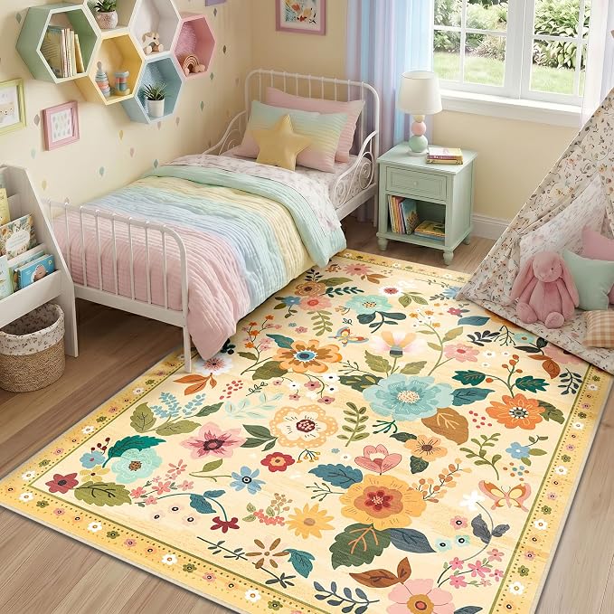 RELEANY Floral Washable 5x7 Area Rugs Ivory/Yellow | Flower Carpet Print Boho - Image 8