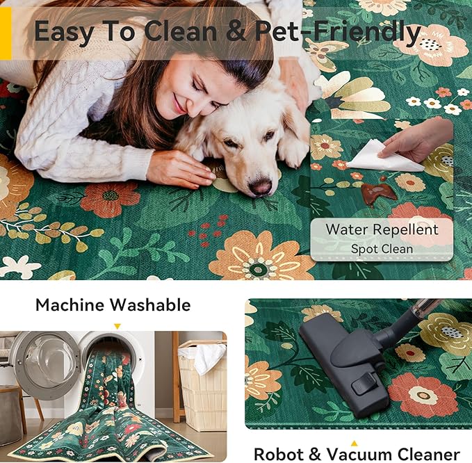 RELEANY Floral Washable 2x3 Area Rugs Doormat DarkGreen | Flower Carpet Print - Image 5